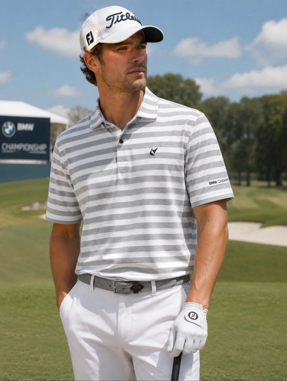 FootJoy Gray Striped Blokecore Golf Sporty BMW Championship PGA Men's Polo Sz M